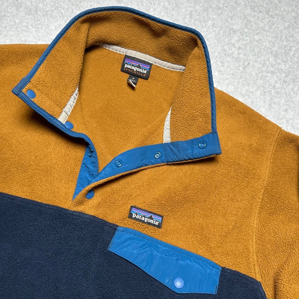 Patagonia Synchilla Snap-T Fleece Pullover Mens Medium Yellow Navy Blue - Picture 2 of 8